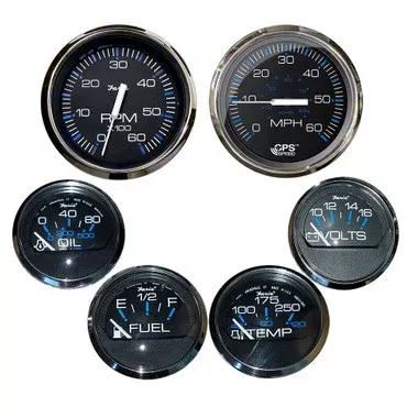Faria Chesapeake Black w/Stainless Steel Bezel Boxed Set of 6 - Speed, Tach, Fuel Level, Voltmeter, Water TemperatureOil PSI - Inboard Motors