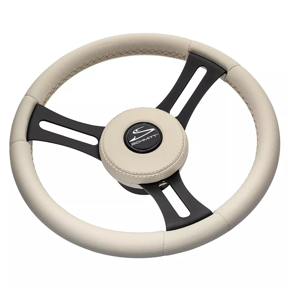 Schmitt Marine Torcello Elite 14" Wheel - Beige LeatherCap - White Stitching - Black SS Spokes - 3/4" Tapered Shaft [PU081B11]