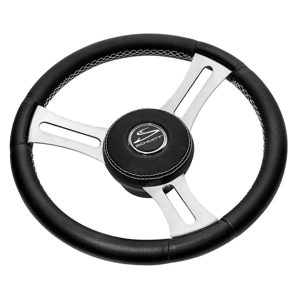 Schmitt Marine Torcello Elite 14" Wheel - Black LeatherCap - White Stitching - Polished SS Spokes - 3/4" Tapered Shaft [PU085241]