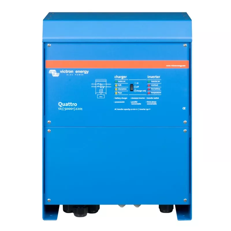 Victron Quattro Inverter/Charger 12 VDC – 5000W -Dual 100AMP 120VAC Inputs – Auto Transfer Switch – 200AMP Battery Charger – Stackable